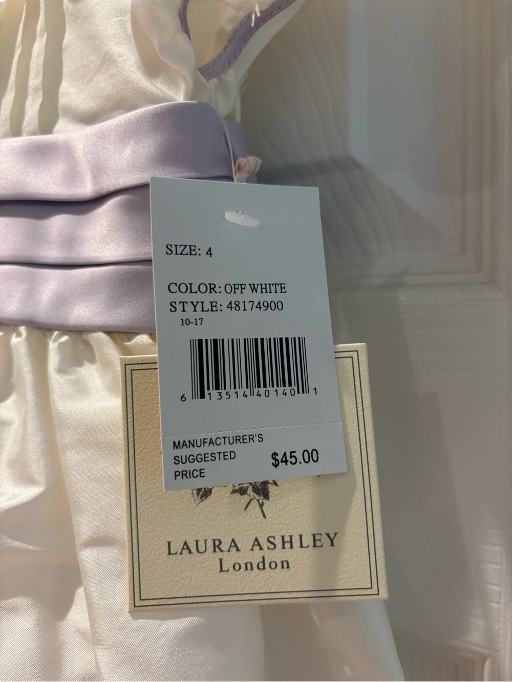NWT Laura Ashley White Dress with Lavender Sash and sleeve piping - Picture 3 of 4